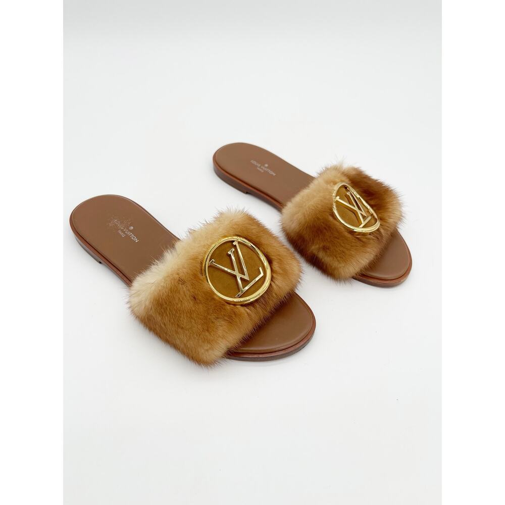 Louis Vuitton Camel Mink Fur Gold LV Logo Lock It Flat Slide Mule Sandals EU 36